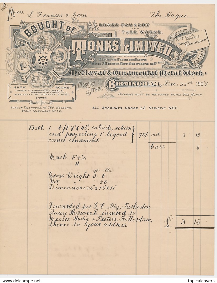 Factuur / Brief Birmingham 1907 - Tonks Limited - Metal Works - Brass Foundry - Verenigd-Koninkrijk