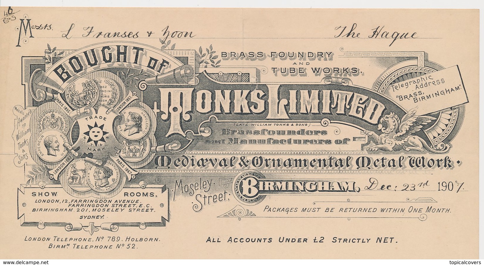 Factuur / Brief Birmingham 1907 - Tonks Limited - Metal Works - Brass Foundry - Royaume-Uni