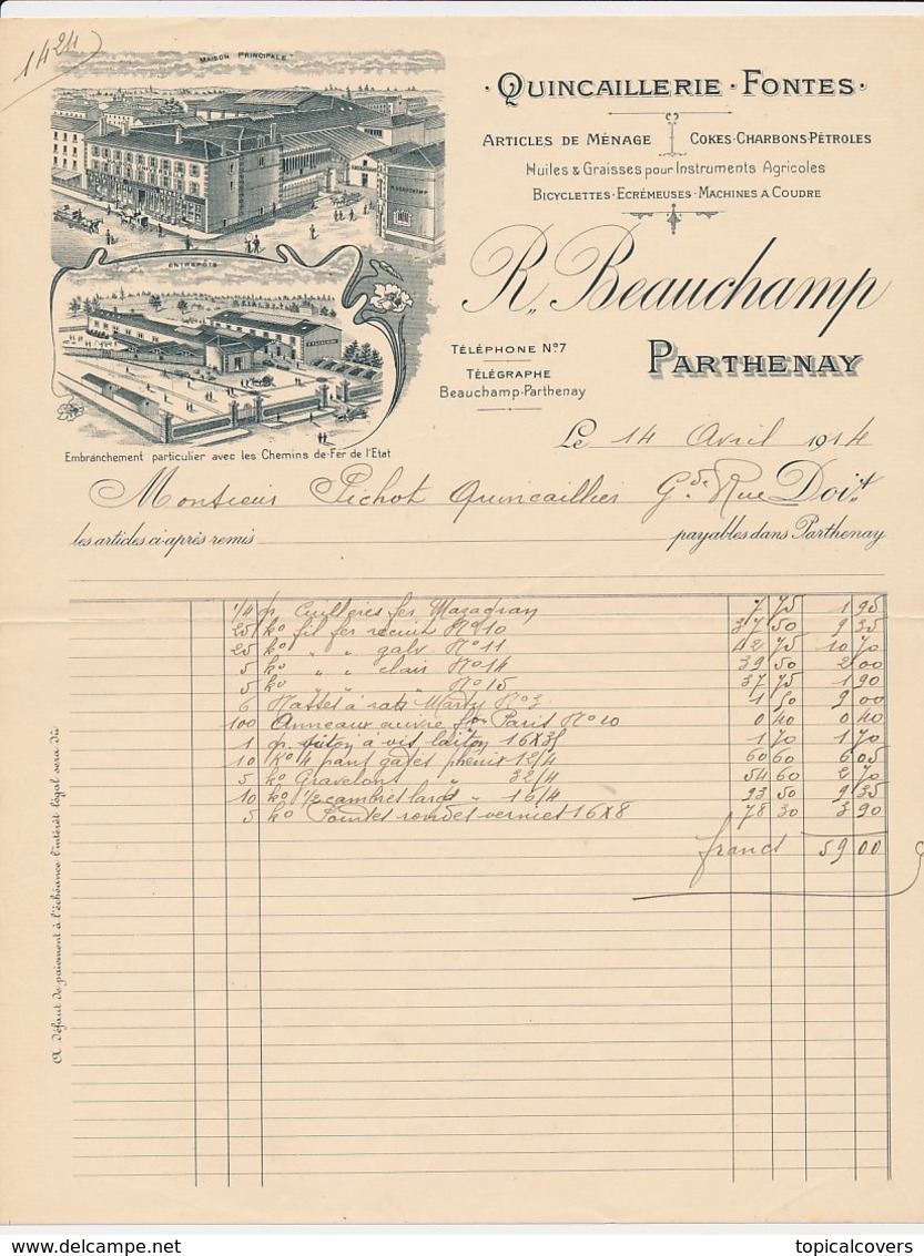 Factuur / Brief Parthenay 1914 - R. Beauchamp - Articles De Menage - Cokes - Charbons - Petroles - Coal - Oil - 1900 – 1949