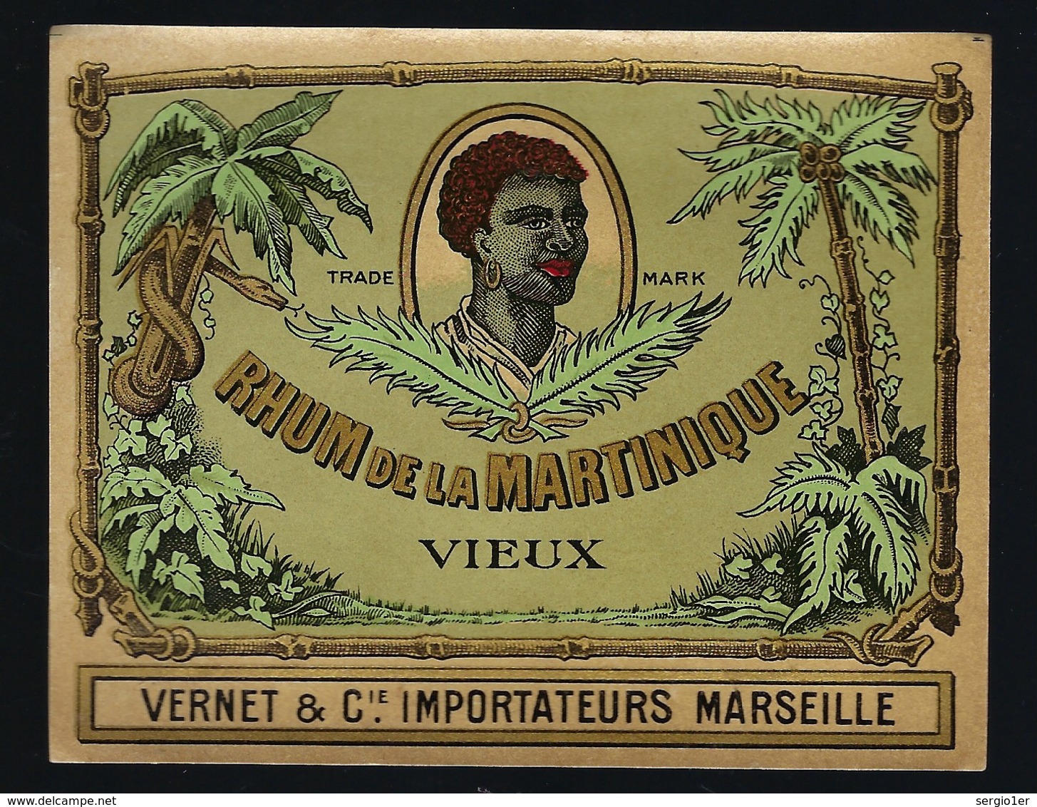 Ancienne Etiquette  Rhum  Vieux De La Martinique Vernet & Cie Importateur Marseille "visage" étiquette Vernie - Rhum