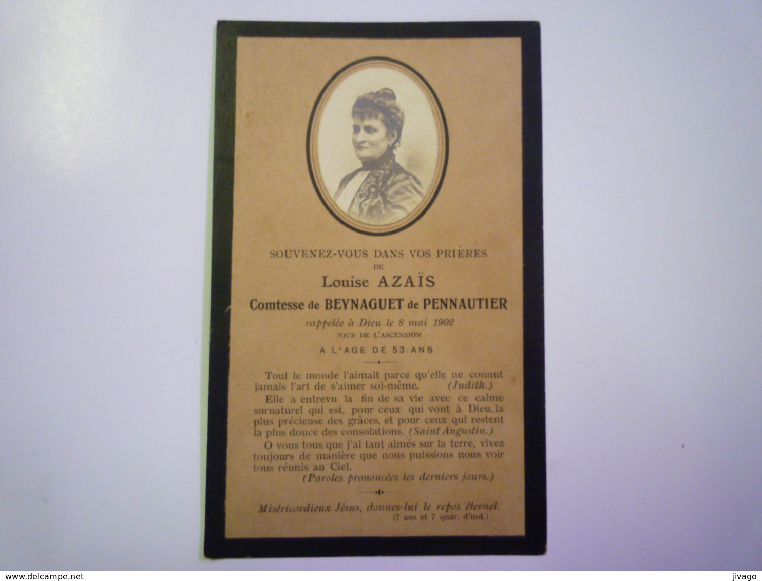 FAIRE-PART De Décès De  Louise  AZAÏS  Comtesse De BEYNAGUET De  PENNAUTIER   1902    - Décès