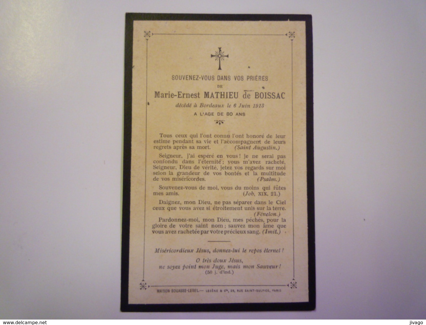 FAIRE-PART De Décès De  Marie-Ernest Mathieu De  BOISSAC   1913    - Décès