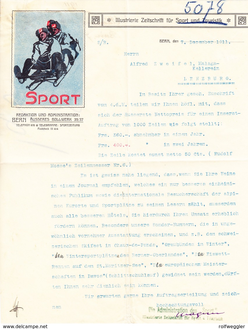 1911 Bern; Mit Zwei Schreiben Der Zeitschrift Für Sport Und Touristik ; An Firma Zweifel In Lenzburg - Publicités