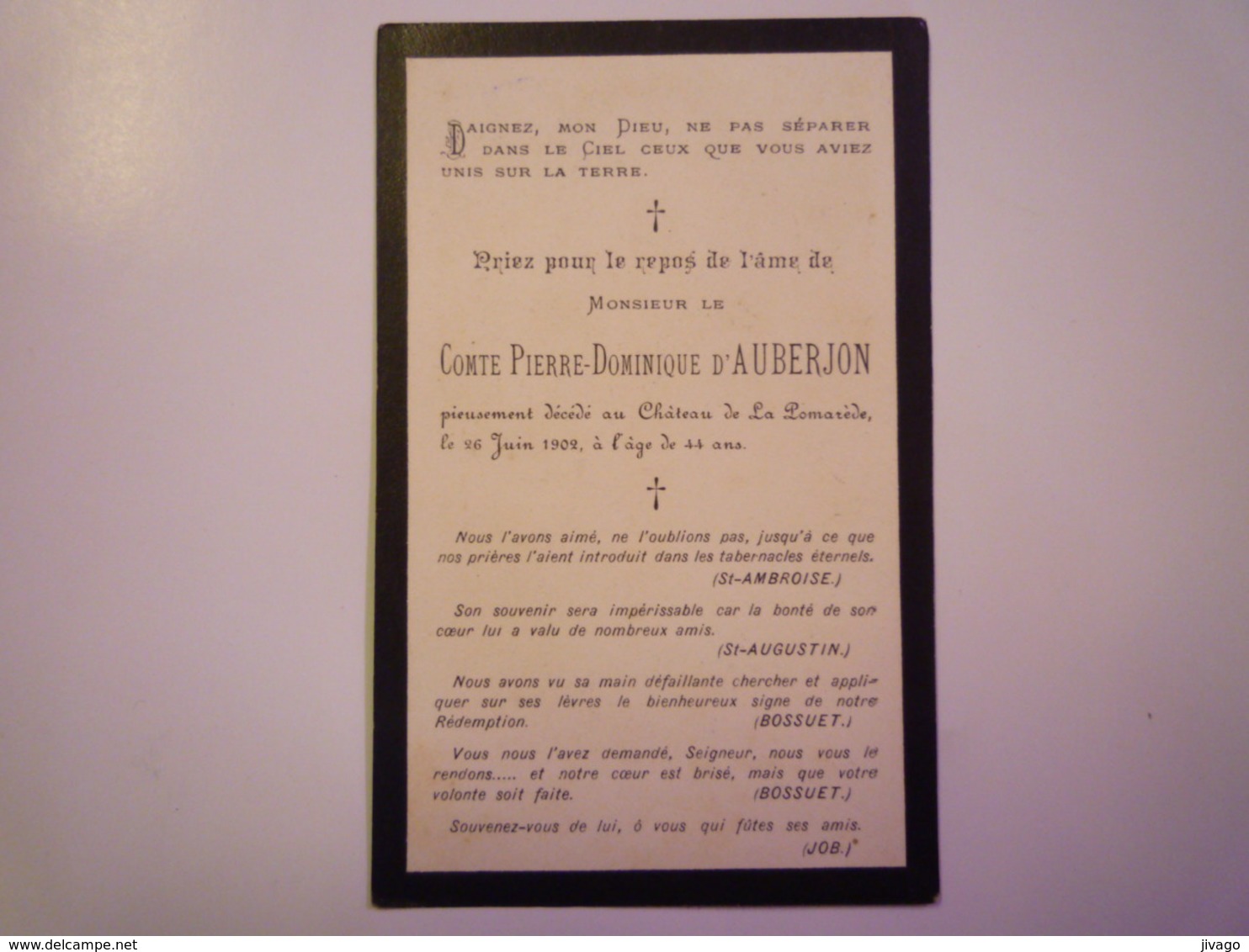 FAIRE-PART De Décès Du COMTE  Pierre-Dominique D'AUBERJON   1902    - Décès