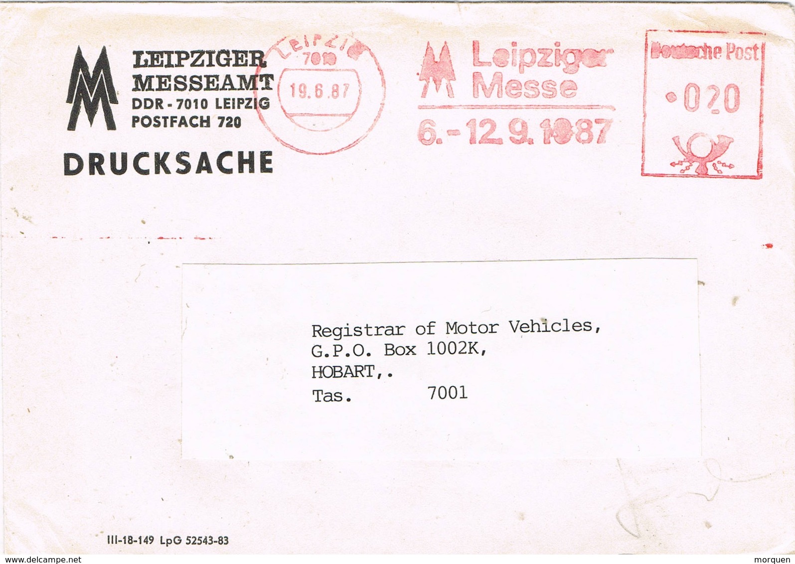 31190. Carta LEIPZIG (Alemania Federal) 1987. Franqueo Mecanico  MM, Leipziger Messe - Cartas & Documentos