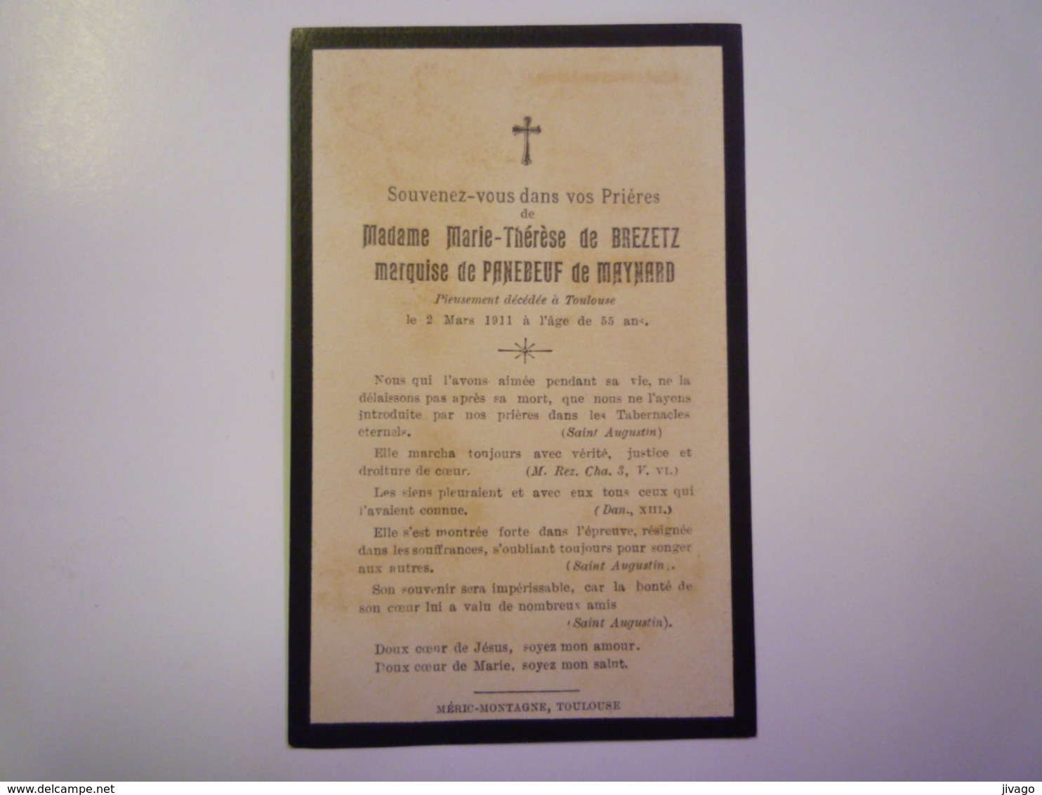 FAIRE-PART De Décès De Marie-Thérèse De  BREZETZ  Marquise De PANEBEUF De MAYNARD   1911   - Décès