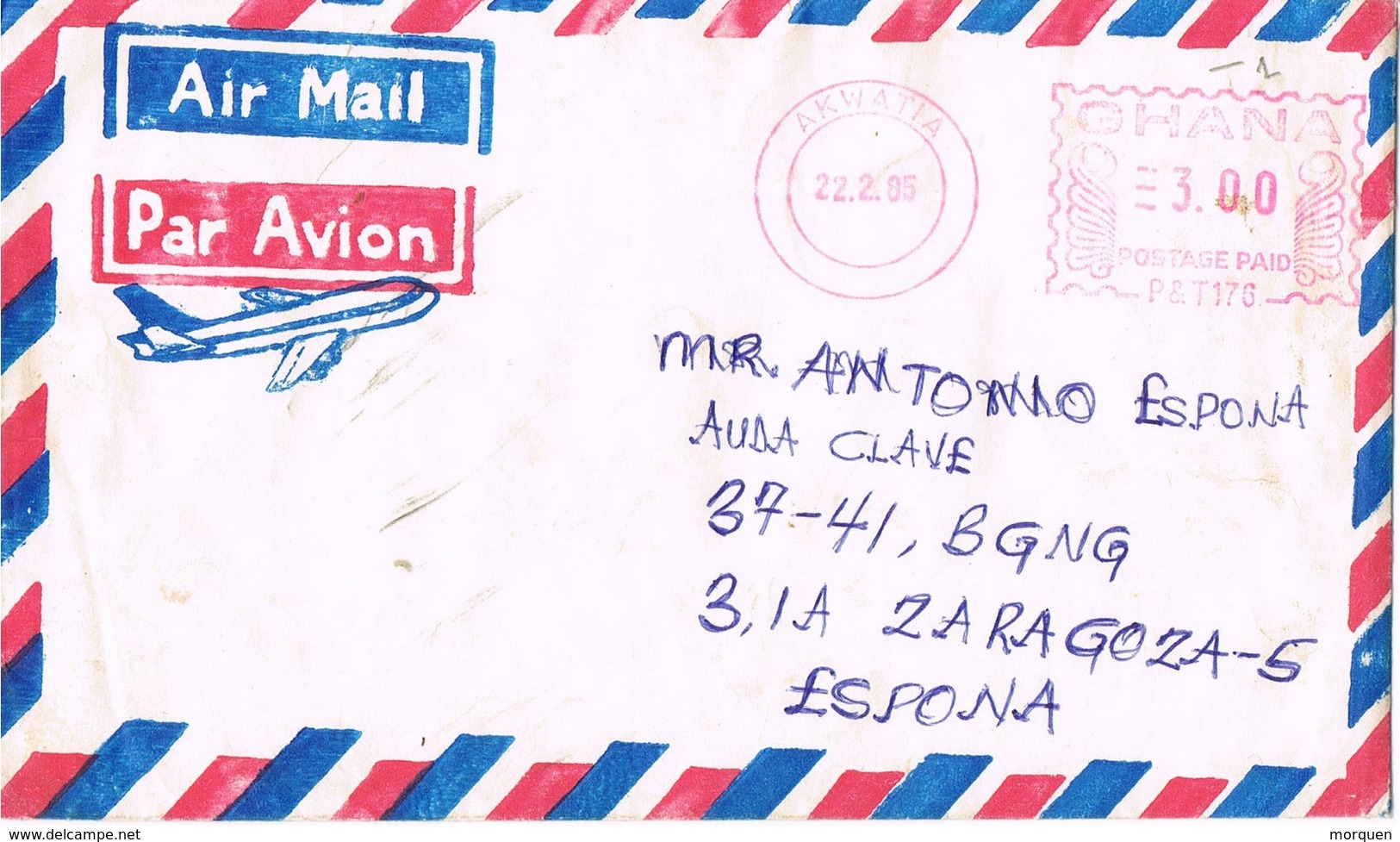 31192. Carta Aerea ATWATIA (Ghana) 1985 A Zaragoza. Franqueo Mecanico - Ghana (1957-...)