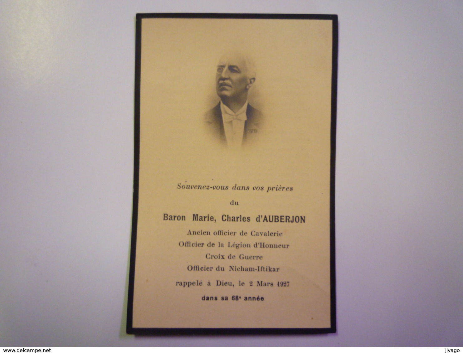 FAIRE-PART De Décès Du BARON  Marie , Charles D'AUBERJON  Officier Du Nicham-Iftikar   1927   - Décès
