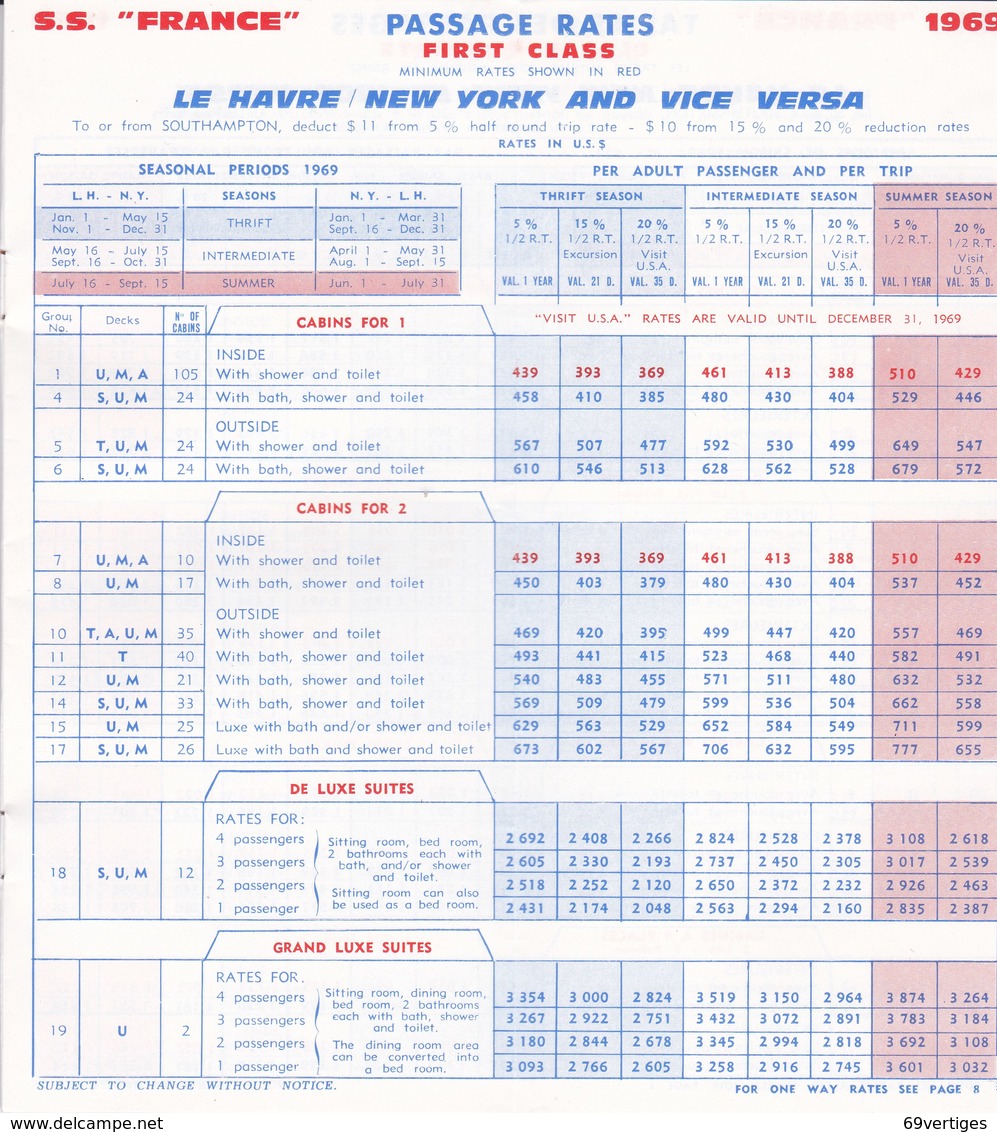 Vacances Transatlantiques à Bord De FRANCE, Livret Tarifs, Calendriers, Informations - Other & Unclassified