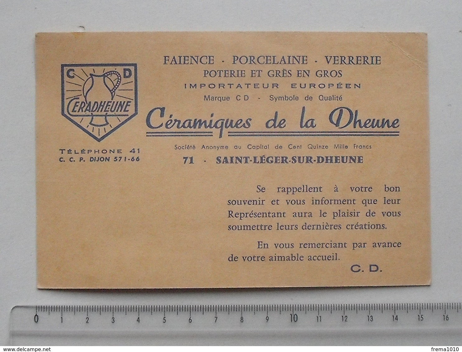 SAINT-LEGER-SUR-DHEUNE (71): Publicité 1969 Carte De Visite CERADHEUNE Céramique Faïence Porcelaine Verrerie Poterie - Publicités