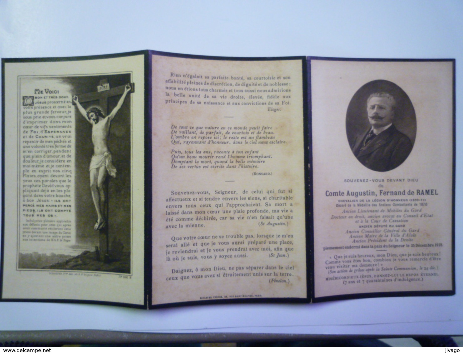 FAIRE-PART De Décès Du Comte Augustin , Fernand De  RAMEL  Ancien Député Du Gard   1915   - Obituary Notices