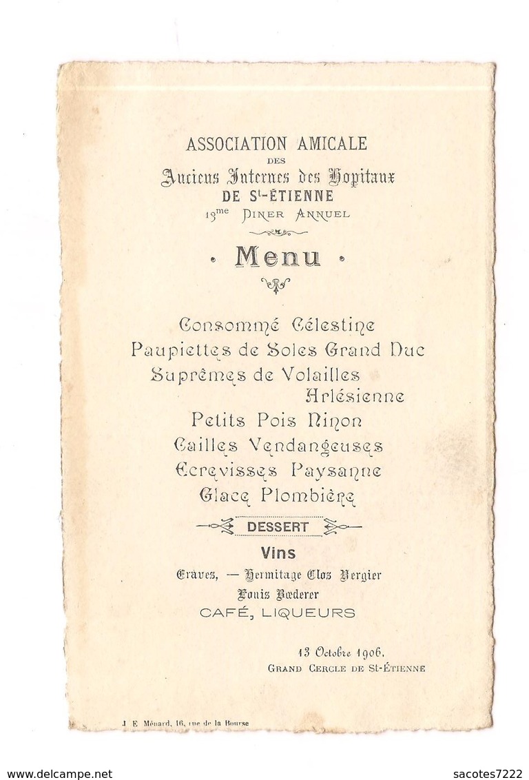 MENU ASSOCIATION AMICALE INTERNES DES HOPITAUX DE ST ETIENNE - - Menus