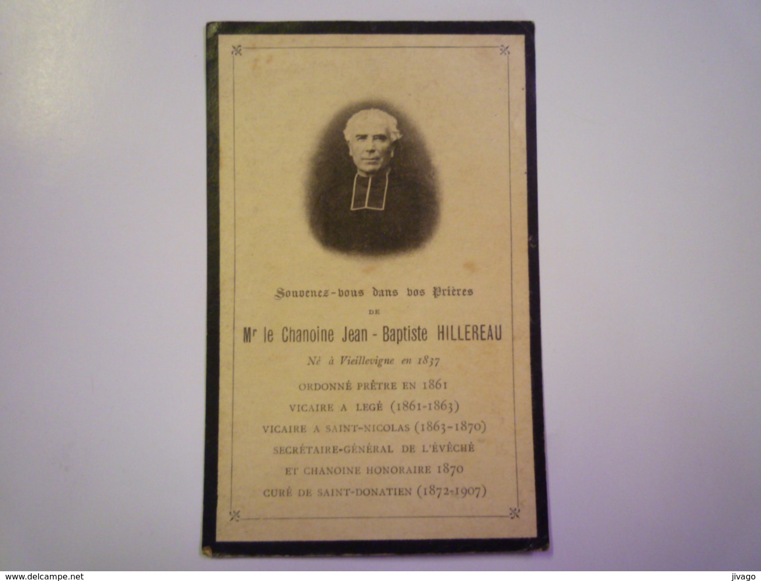 FAIRE-PART De Décès Du Chanoine  Jea-Baptiste  HILLEREAU  Né à VIEILLEVIGNE  En 1837   - Obituary Notices