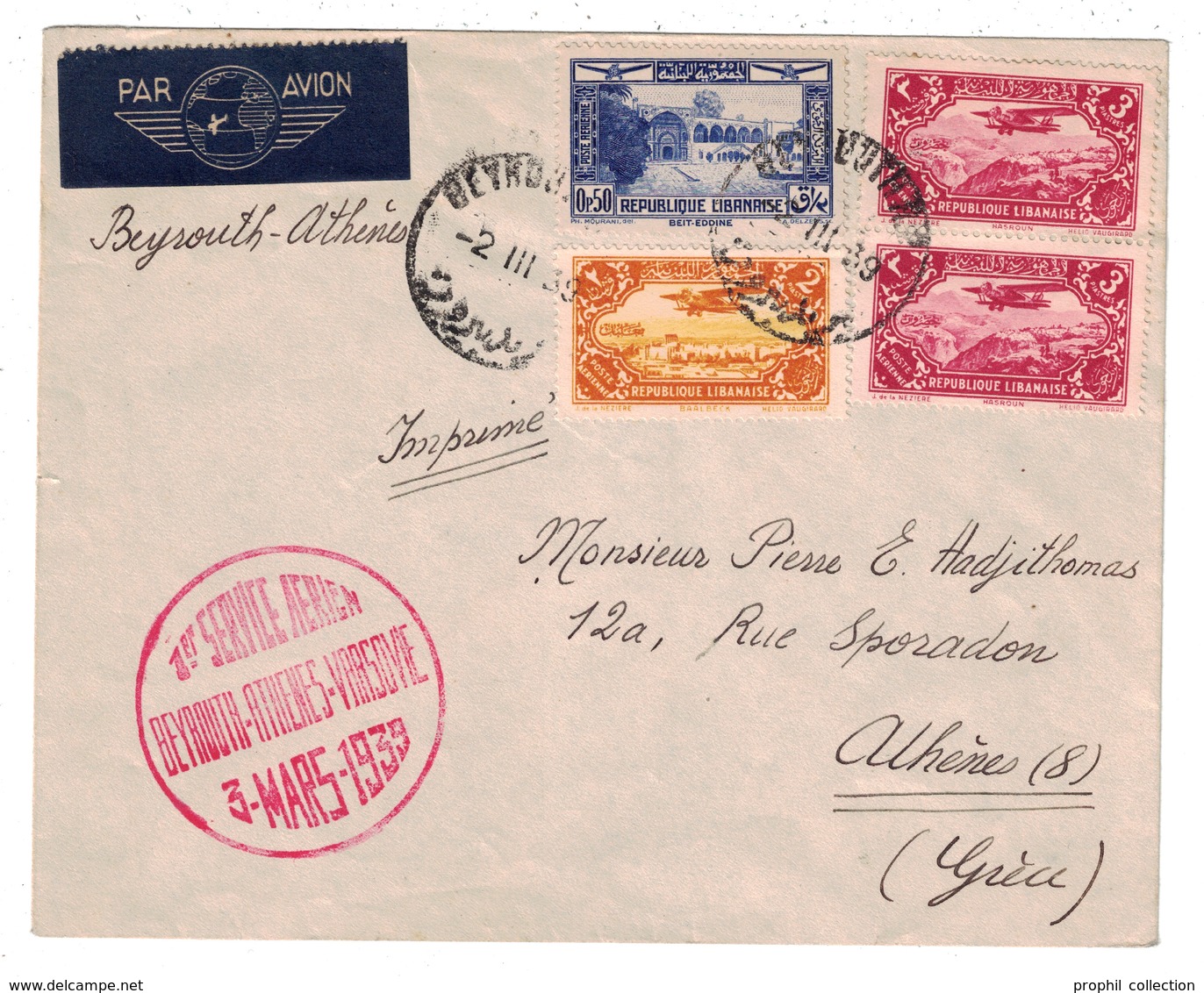 1939 - CACHET ROUGE 1er SERVICE AÉRIEN BEYROUTH ATHENES VARSOVIE Sur LETTRE COVER Du LIBAN Pour La GRECE POSTE AERIENNE - Liban