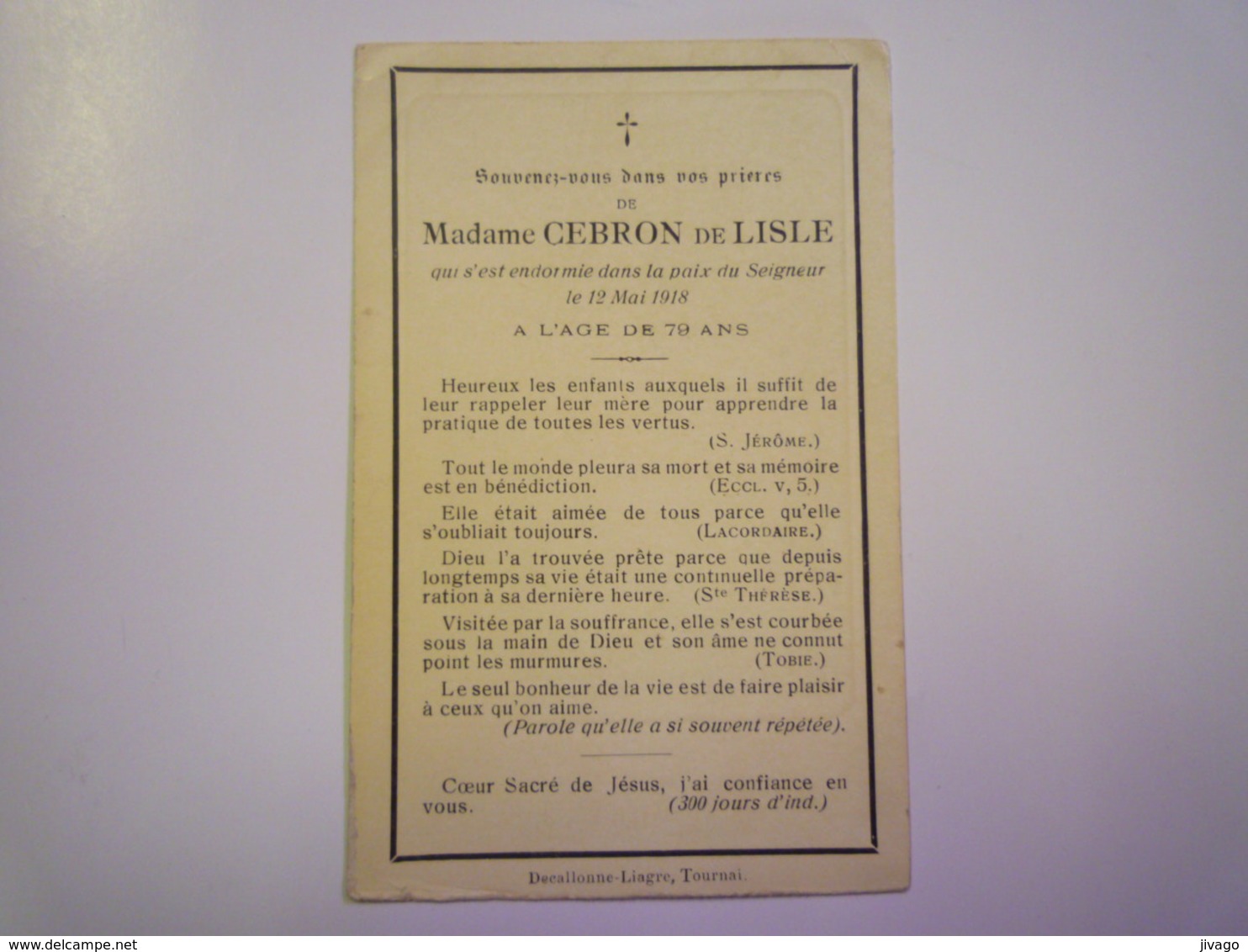 FAIRE-PART De Décès De  Mme  CEBRON De  LISLE   1918   - Todesanzeige