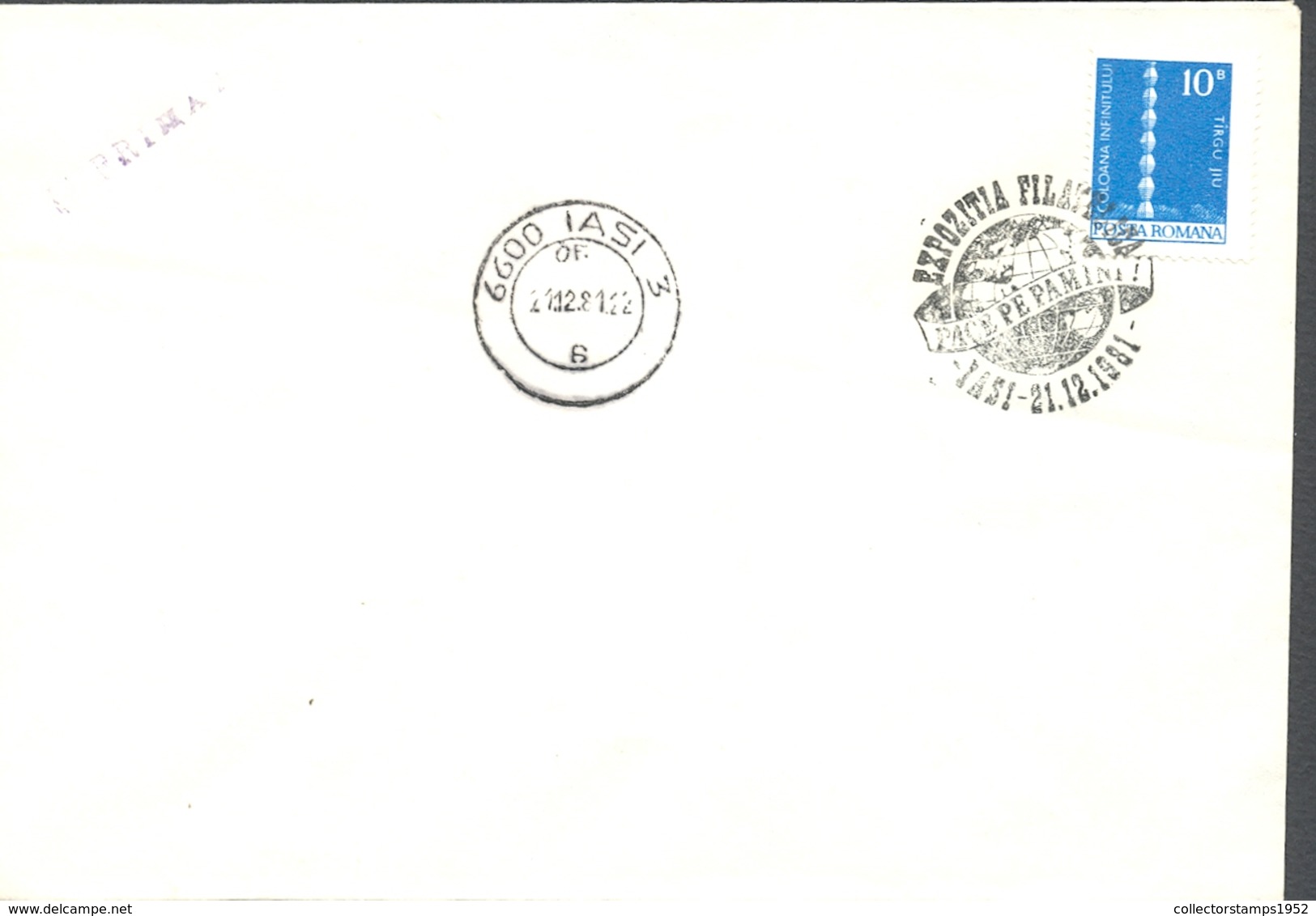 75075- PEACE ON EARTH PHILATELIC EXHIBITION SPECIAL POSTMARK ON COVER, ENDLESS COLUMN STAMP, 1981, ROMANIA - Lettres & Documents