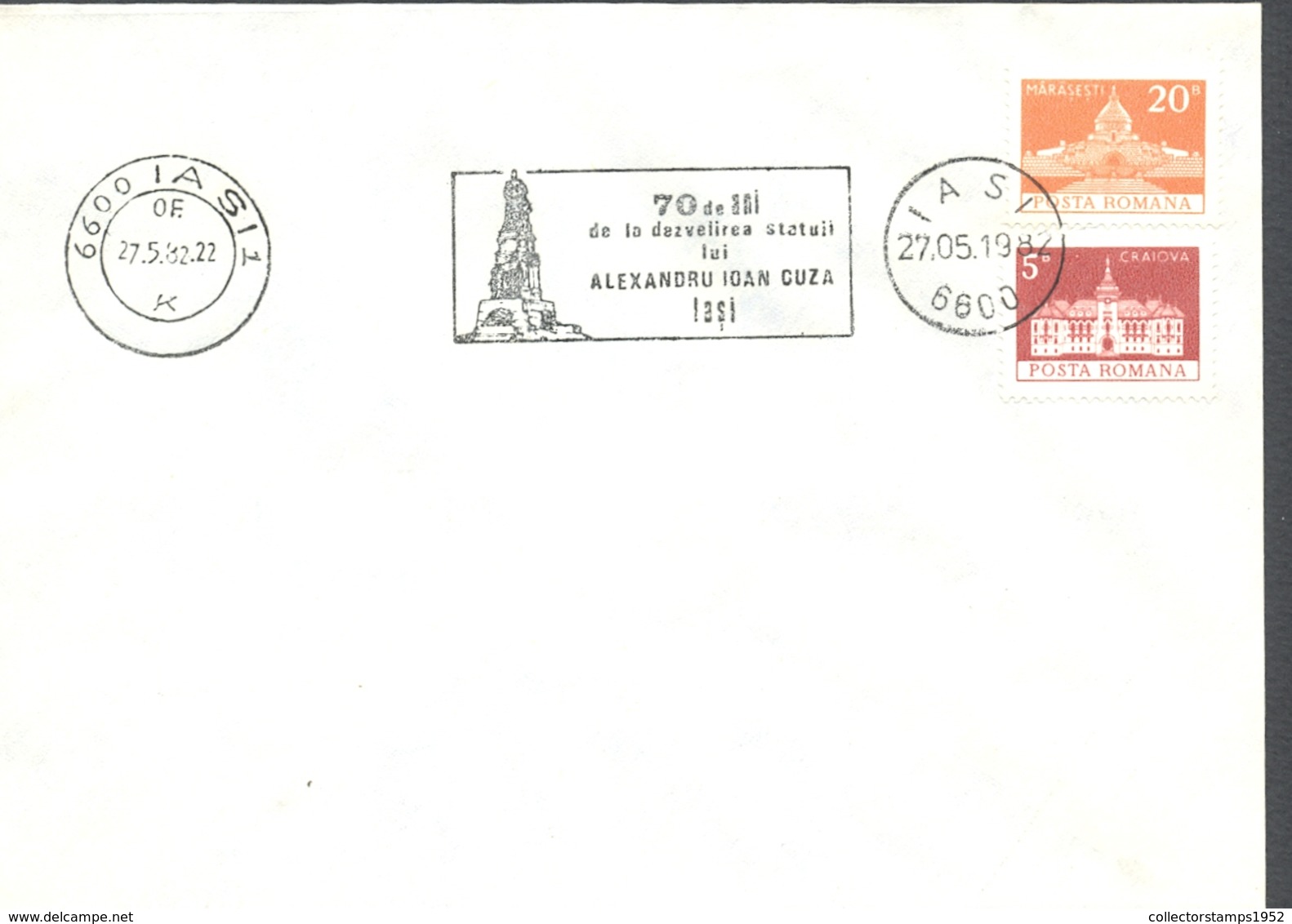 75076- IASI- ALEXANDRU IOAN CUZA STATUE SPECIAL POSTMARK ON COVER, MAUSOLEUM AND TOWN HALL STAMP, 1982, ROMANIA - Covers & Documents