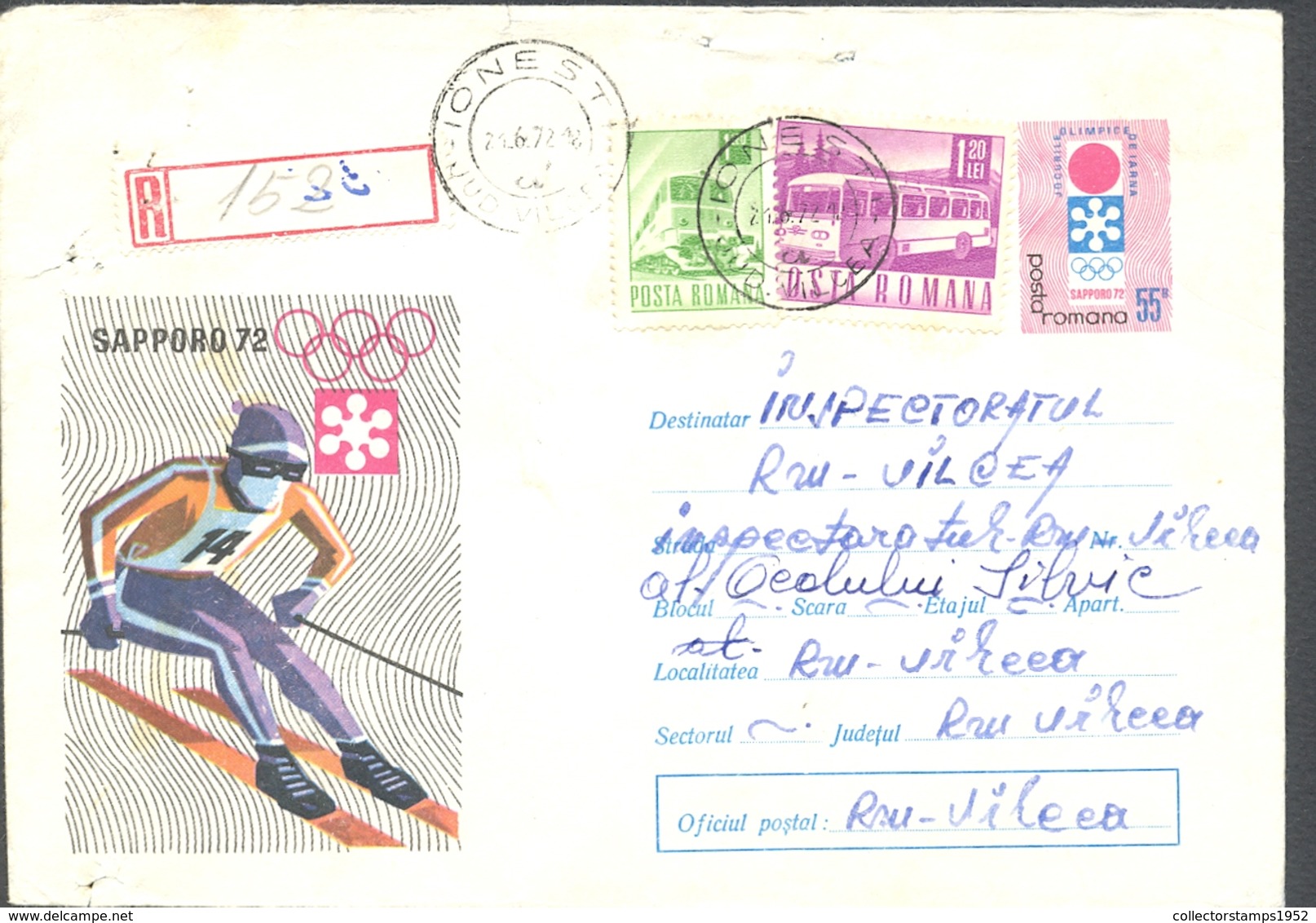 75086- SKIING, SAPPORO'72 WINTER OLYMPIC GAMES, REGISTERED COVER STATIONERY, BUSS, TRAIN STAMPS, 1972, ROMANIA - Winter 1972: Sapporo