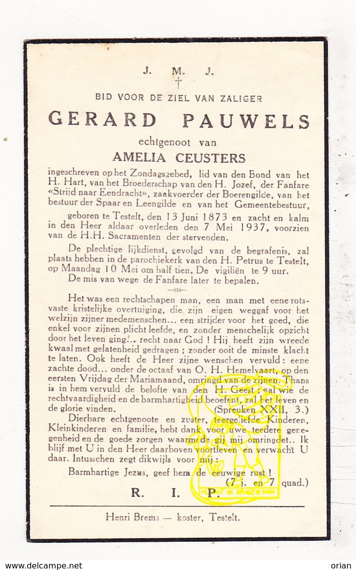 DP Gerard Pauwels ° Testelt 1873 † 1937 X Amelia Ceusters / Scherpenheuvel-Zichem - Images Religieuses