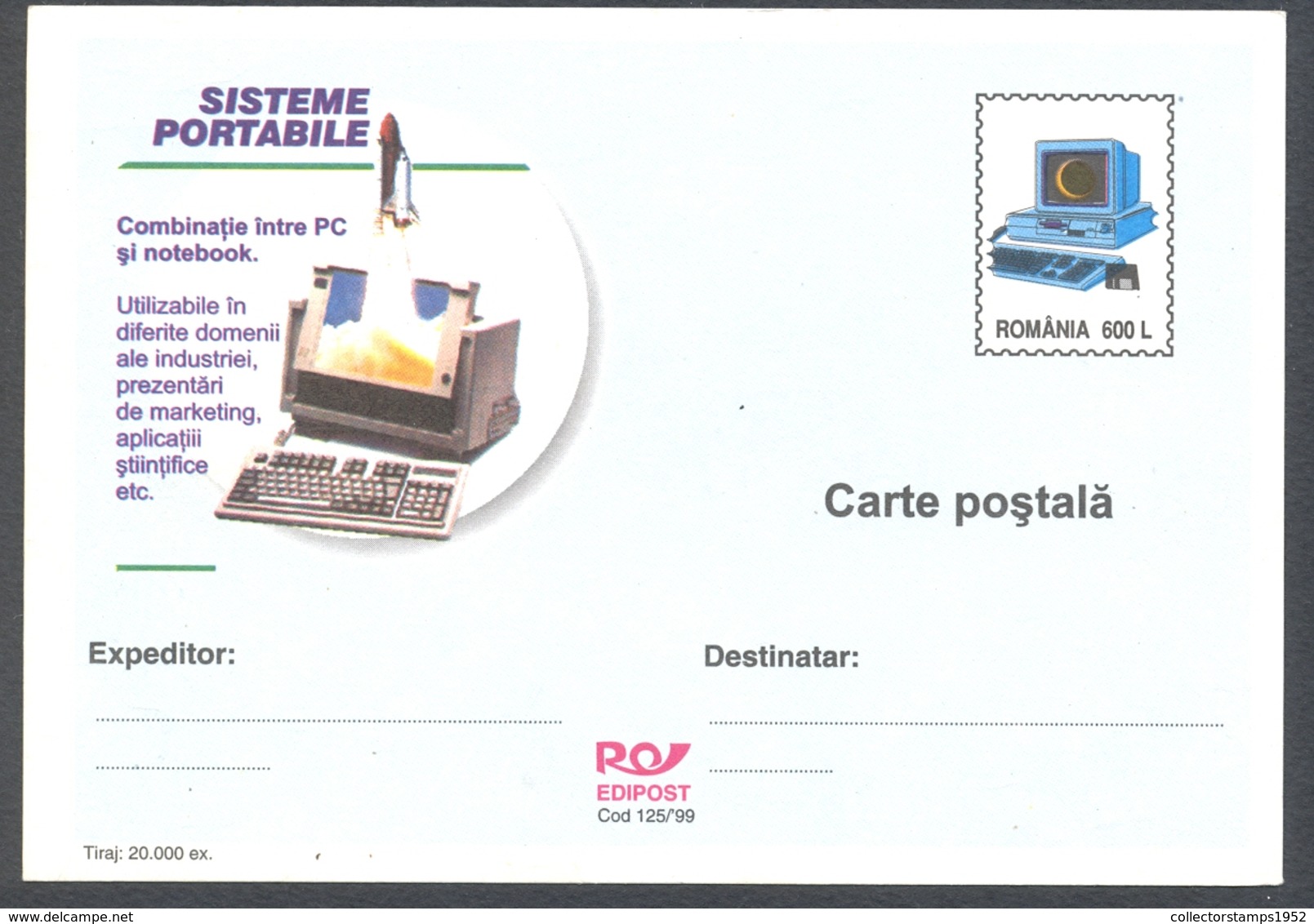 75212- PORTABLE SYSTEMS, COMPUTERS, POSTCARD STATIONERY, 1999, ROMANIA - Computers