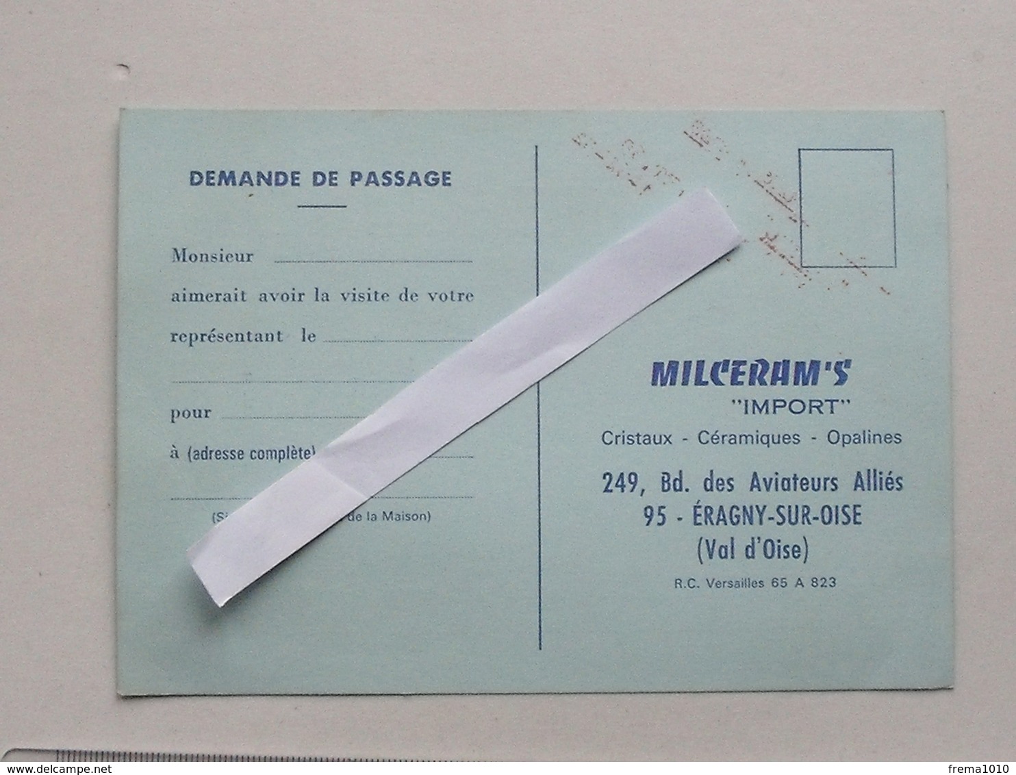 ERAGNY-SUR-OISE 95: Publicité 1969 Carte De Visite MILCERAM'S Céramique Opaline PIERA - VITTEL Congrès Des Fleuristes - Publicités