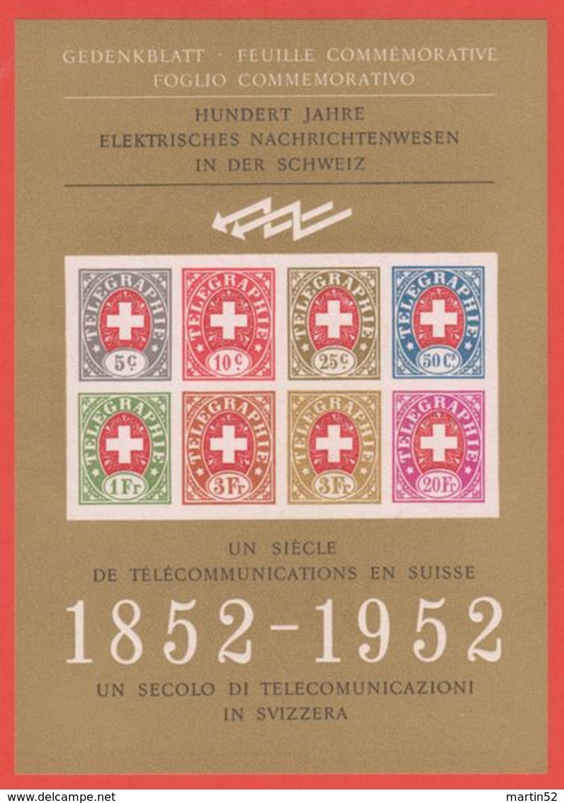 TÉLÉGRAPHIE - UN SIÈCLE TÉLÉCOMMUNICATION EN SUISSE 1852-1952: Feuillet Officielle En Tirage De 10'000 (SBK CHF 160.00) - Blocs & Feuillets