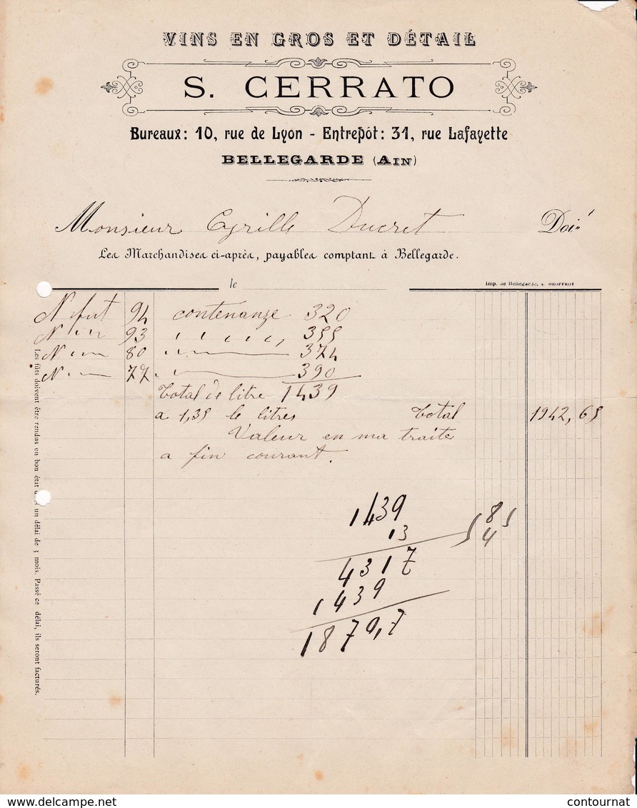 01 BELLEGARDE Sur Valserine FACTURE 193  VINS En Gros Et Détail S. CERRATO    *  A98 - 1900 – 1949