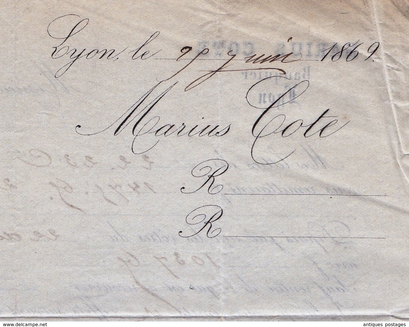 Lettre Lyon 1869 Rhone Marius Cote Banque Banquier Bank Thiers Puy de Dôme Soie Soierie