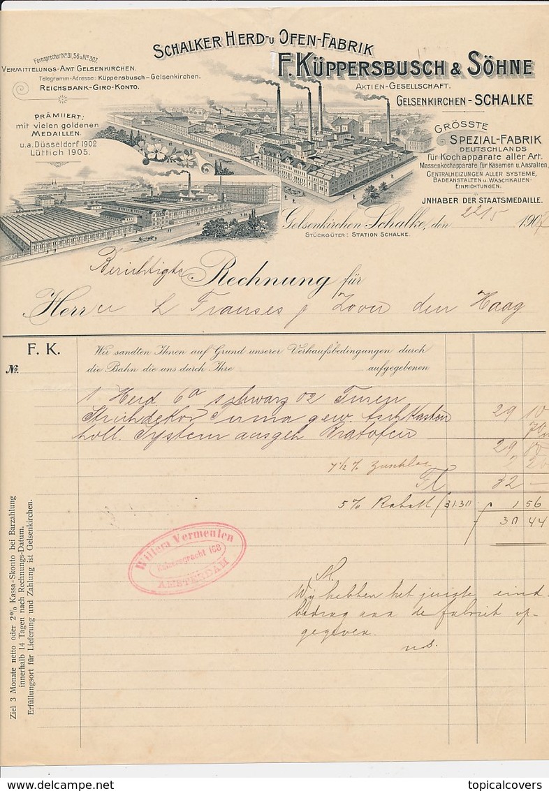 Factuur / Brief Gelsenkirche-Schalke 1907 - Kuppersbusch - Fabrik Fur Kochapparate - 1900 – 1949