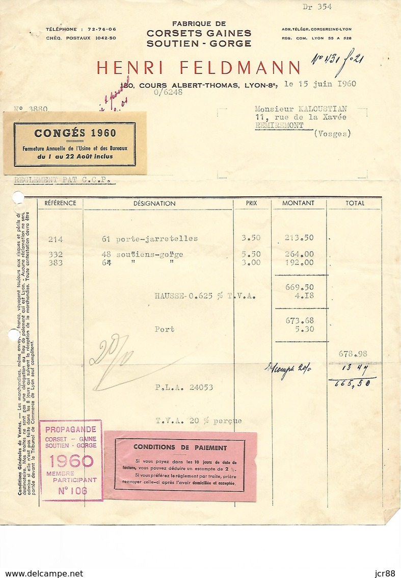 Facture Corsets Gaine Henri Feldmann 1960 - Bills Of Exchange