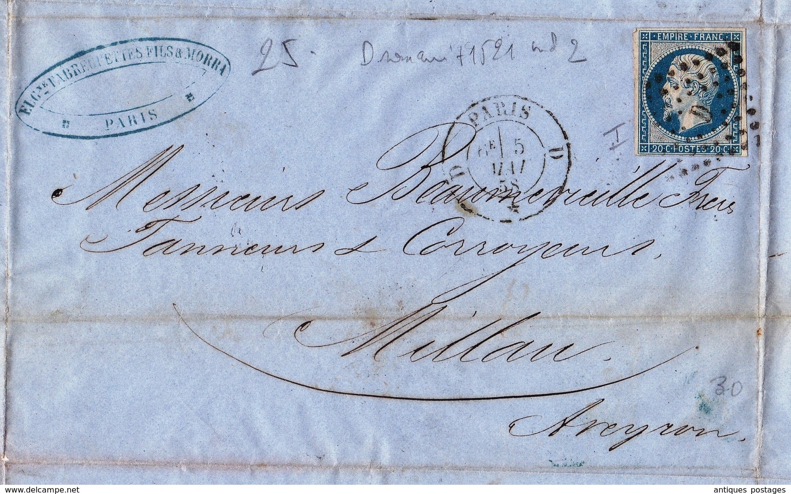 Paris 1854 EUGÈNE FABREGUETTES Fils Et MORRA Faubourg Saint Denis Aveyron Millau Tanneur Tannerie BEAUMEVIEILLE - 1853-1860 Napoléon III.