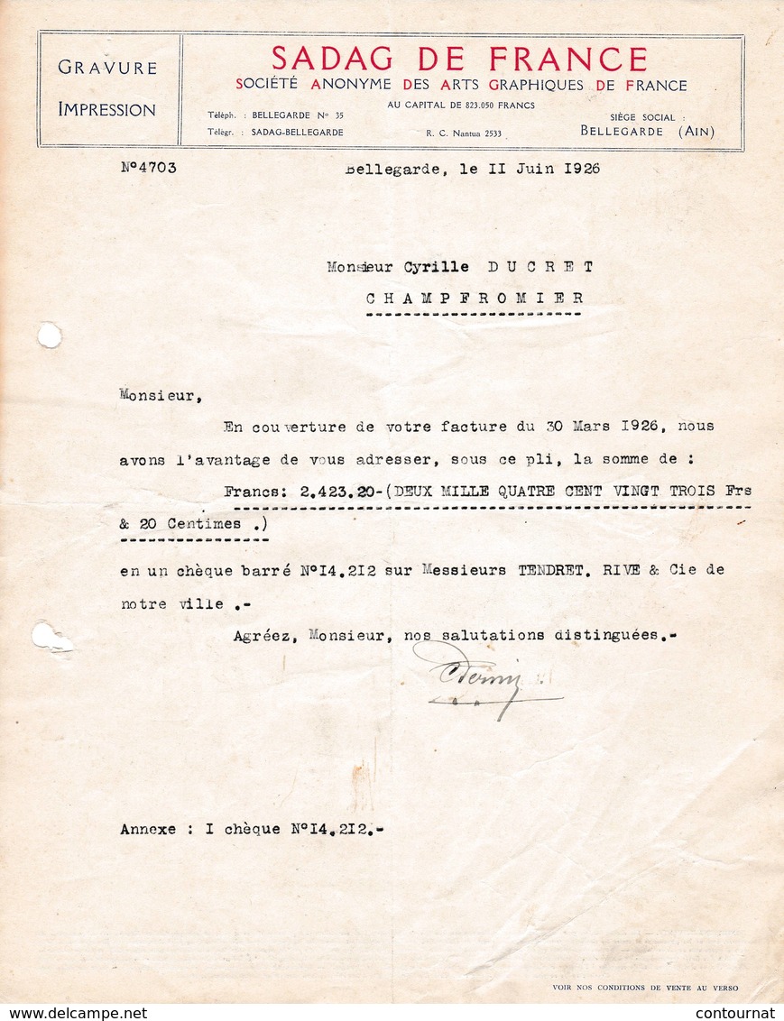 01 BELLEGARDE Sur Valserine COURRIER 1926 Société Des ARTS GRAPHIQUES DE FRANCE  SADAG  Gravure Impression   *  A98 - Imprimerie & Papeterie