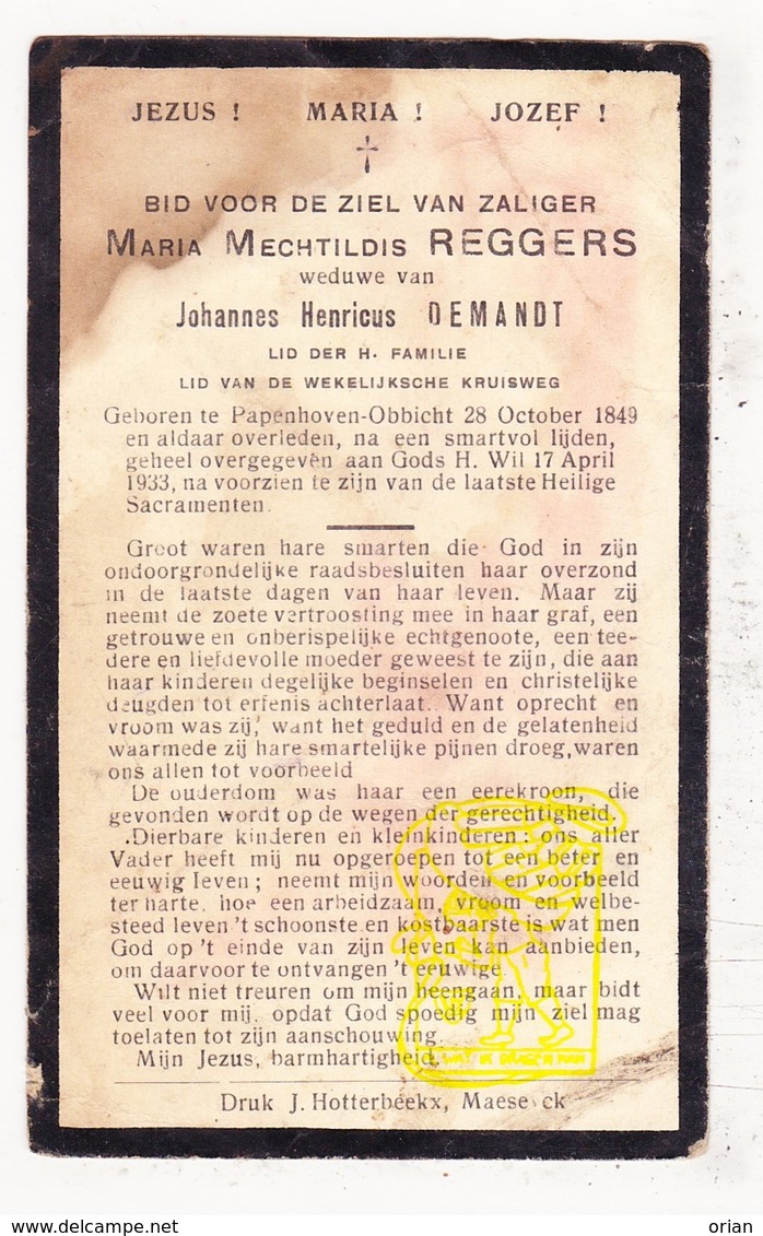 DP Maria Mecht. Reggers ° Papenhoven Obbicht NL Limburg 1849 † 1933 X Johannes H. Demandt / Sittard-Geleen - Images Religieuses