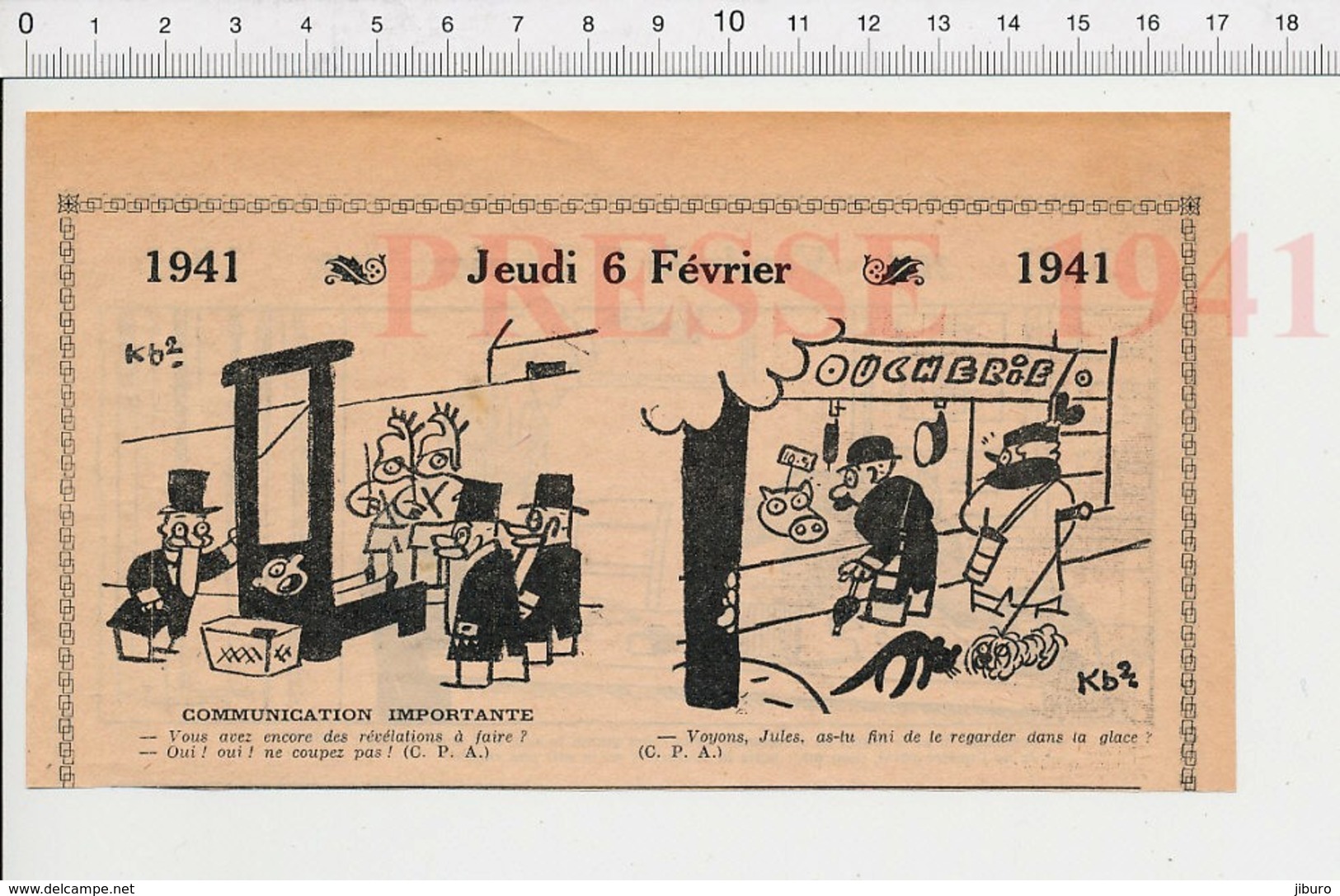 2 Scans 1941 Humour Animal Boucherie Cochon / Guillotine Exécution 223XQ - Unclassified