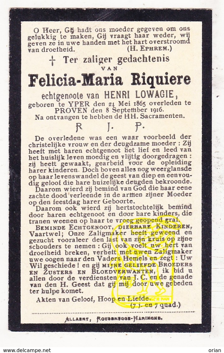 DP Felicia M. Riquiere ° Ieper 1865 † Proven Poperinge 1916 X Henri Lowagie - Images Religieuses