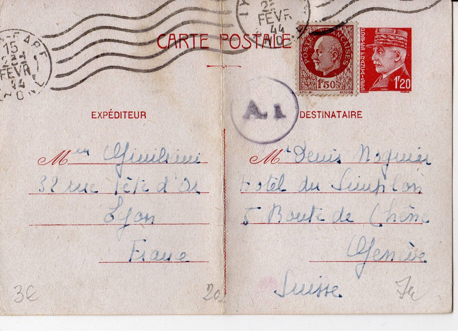 Marque De Censure A1 Sur Entier Pétain 1,20f  YT 515 CP1 + Complremnt 1.50 1944 De LYON Pour La SUISSE RBV 5LO  (LYO422) - Guerre De 1939-45