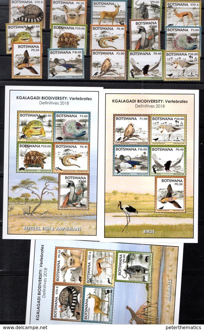 BOTSWANA, 2018, MNH, DEFINITIVES, BIRDS, REPTILES, TORTOISES, FISH, FROGS, SNAKES, FOXES, WILDERBEEST,15v+ 3 S/SHEETS - Other & Unclassified