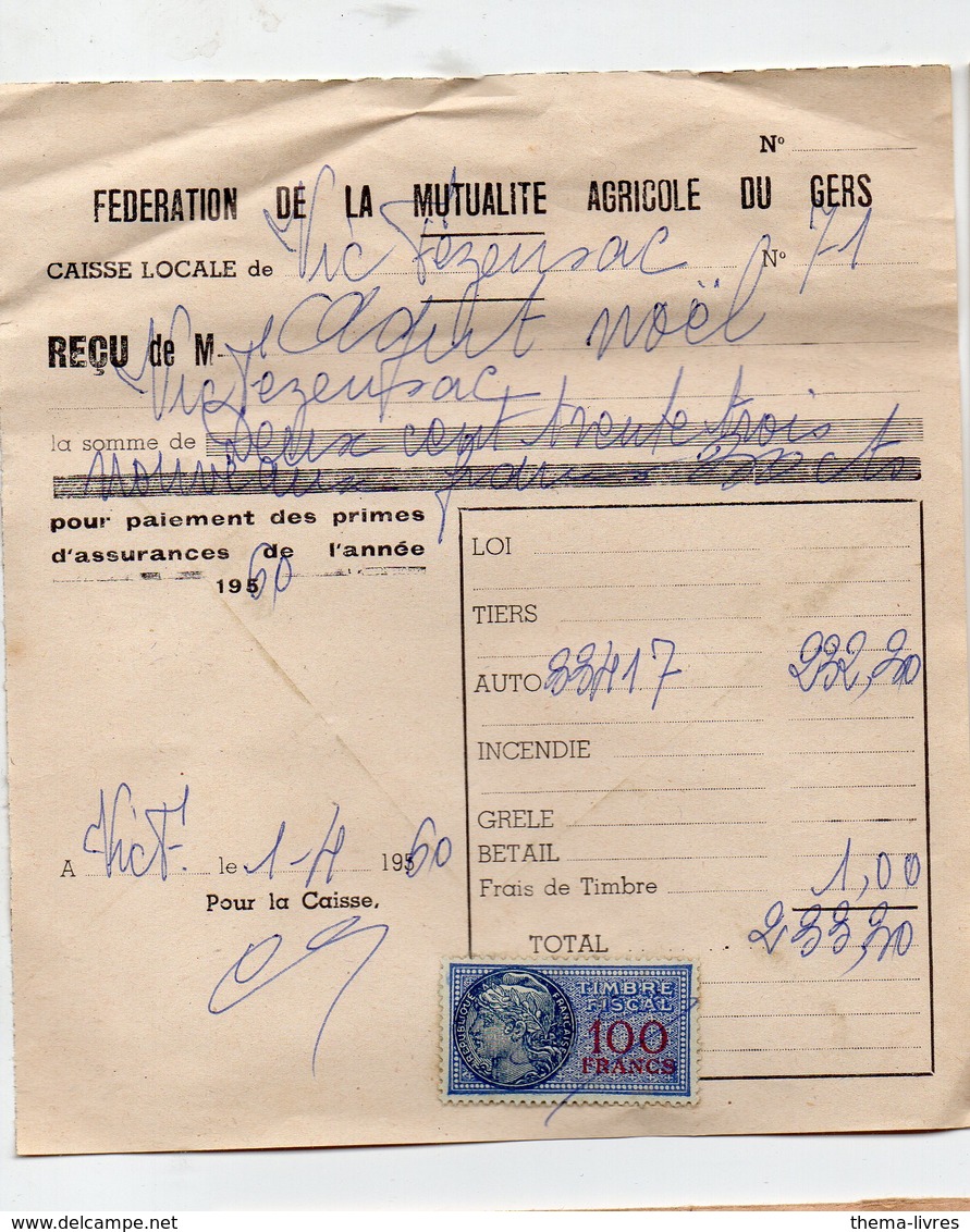 Vic-Fezensac (32 Gers) Reçu Avec Timbre Fiscal 100fr 1960  (PPP16799) - Other & Unclassified