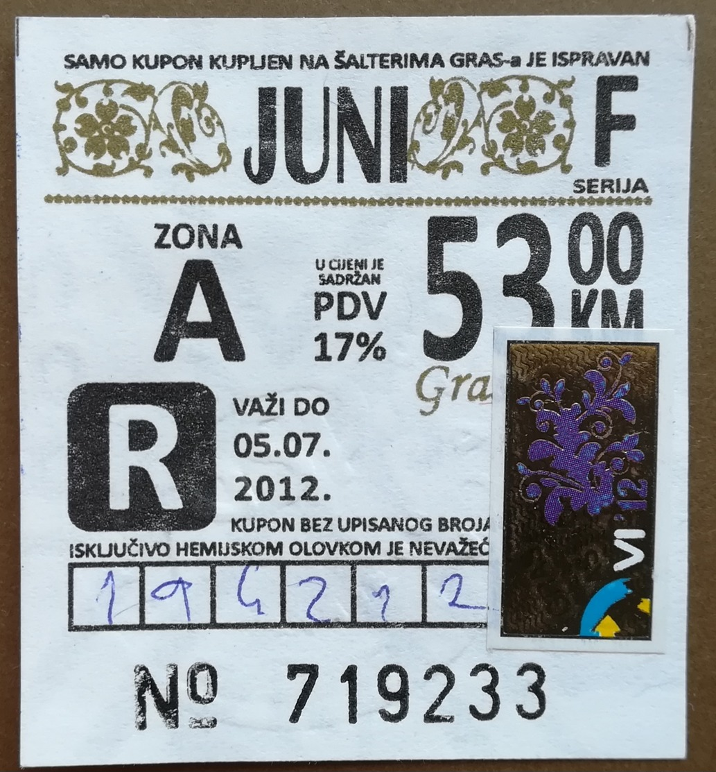 BOSNIA AND HERZEGOVINA 1 Month Coupon For Industry Workers Fof Public Transport - Europe