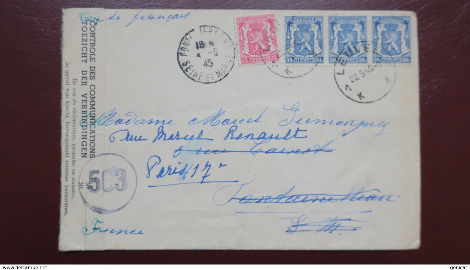 Belgique Lettre De Louvain Juin 1945 Pour Fontainebleau Avec Censure Contrôle  Postal 563 - Guerre 40-45 (Lettres & Documents)