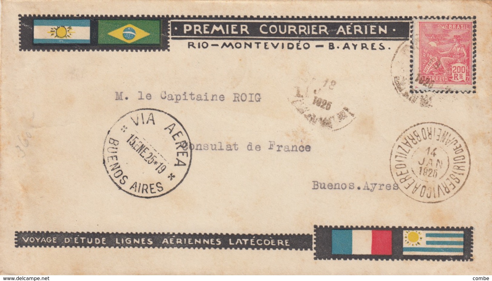 LETTRE.  COVER. ARGENTINA. 14 JANV 1925. VOYAGE D'ETUDE LIGNES AERIENNES LATÉCOÈRE. RIO-MONTEVIDEO-BUENOS-AIRES     / 3 - Autres & Non Classés