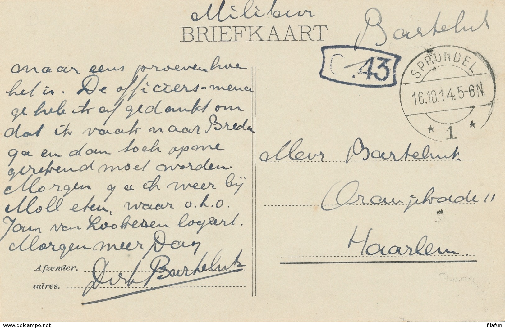 Nederland - 1914 - Militaire Briefkaart Portvrij Van LB SPRUNDEL/1 Naar Haarlem - Postal History