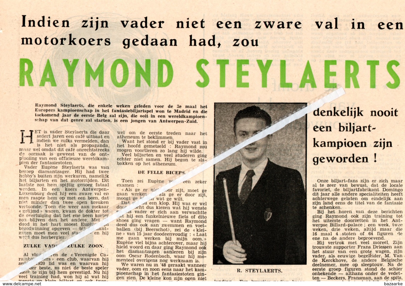 BILJART..1956.. RAYMOND STEYLAERTS BILJARTKAMPIOEN EEN JONGEN VAN ANTWERPEN-ZUID - Non Classés