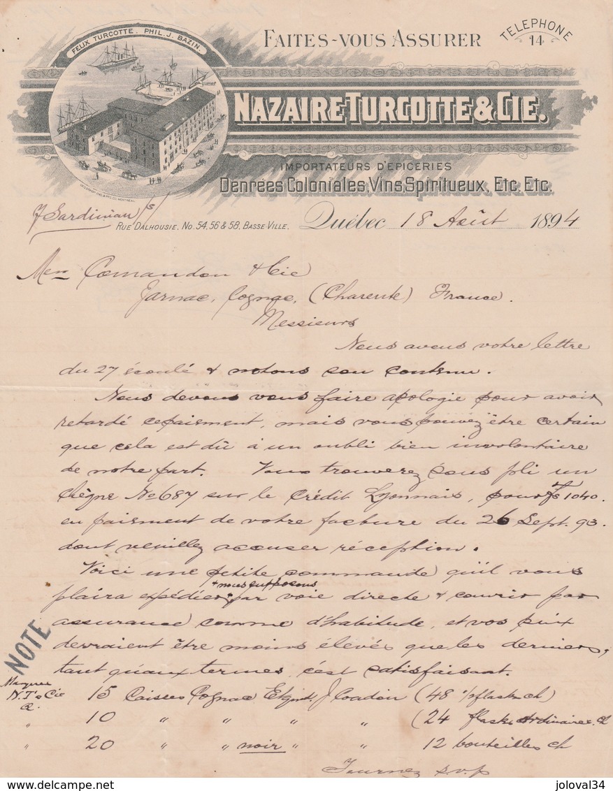 CANADA Lettre Facture Illustrée 18/8/1894 NAZAIRE TURCOTTE épicerie Denrées Coloniales Vins Spiritueux QUEBEC - Canada