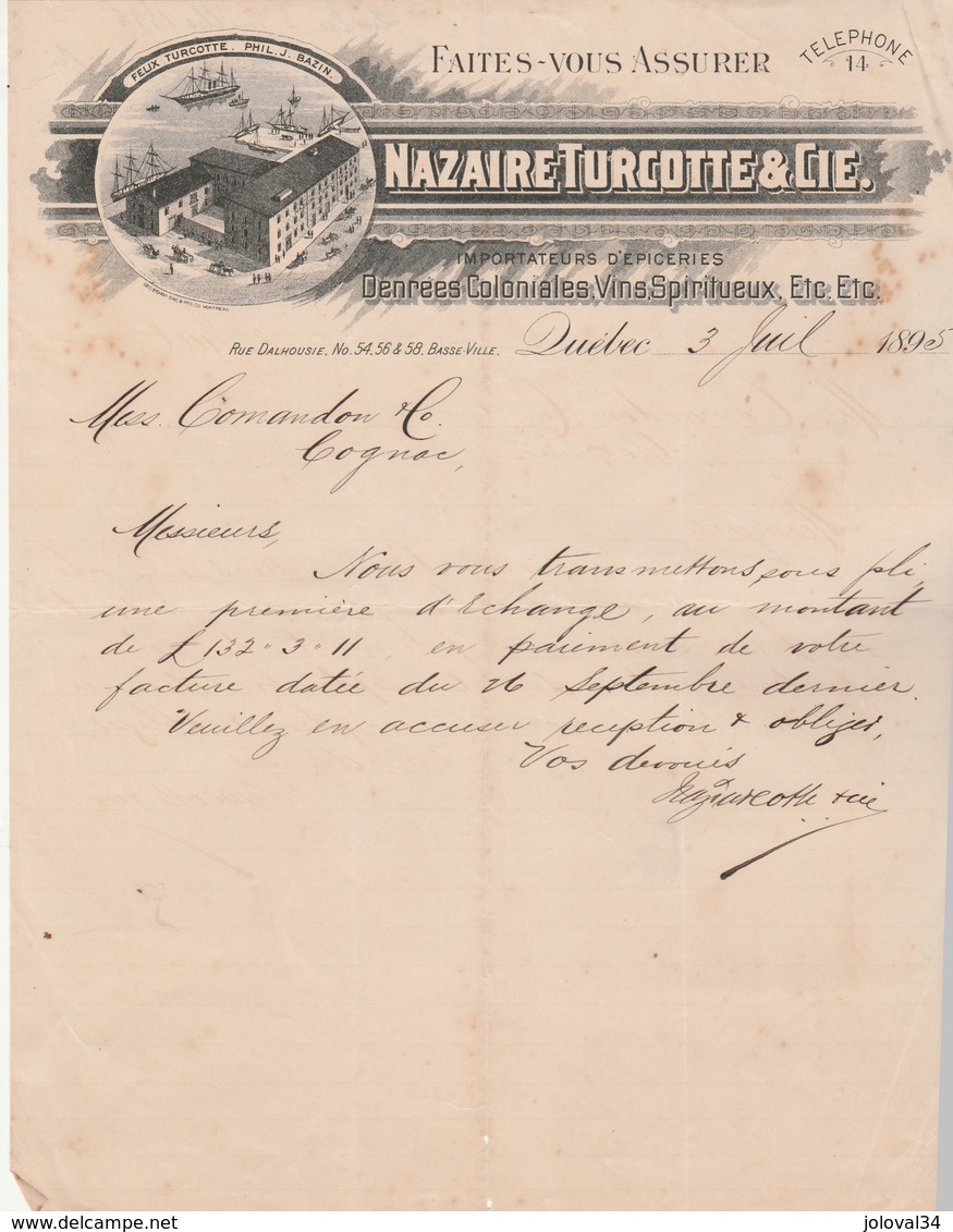 CANADA Lettre Facture Illustrée 3/7/1895 NAZAIRE TURCOTTE épicerie Denrées Coloniales Vins Spiritueux QUEBEC - Canada