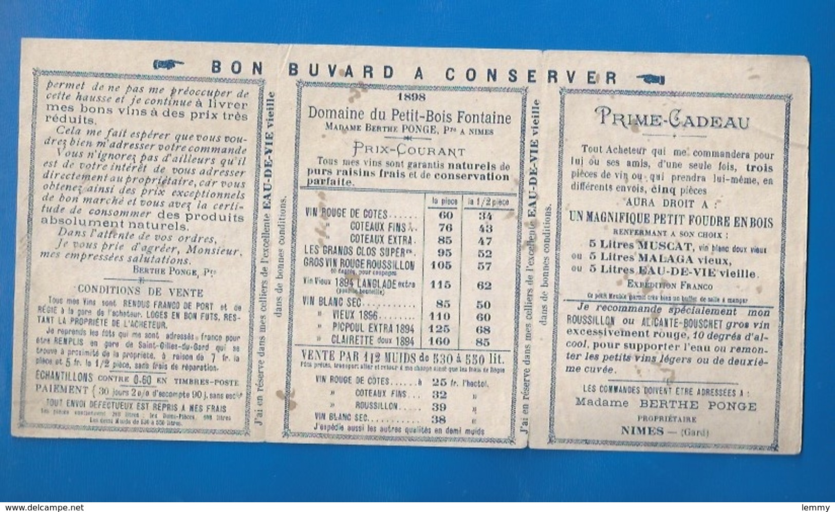 30 - NIMES - DOCUMENT BUVARD De 1898 - VINS - VIGNOBLES DE Mme BERTHE PONGE  - BUVARD PUBLICITAIRE - ALCOOL - Other & Unclassified