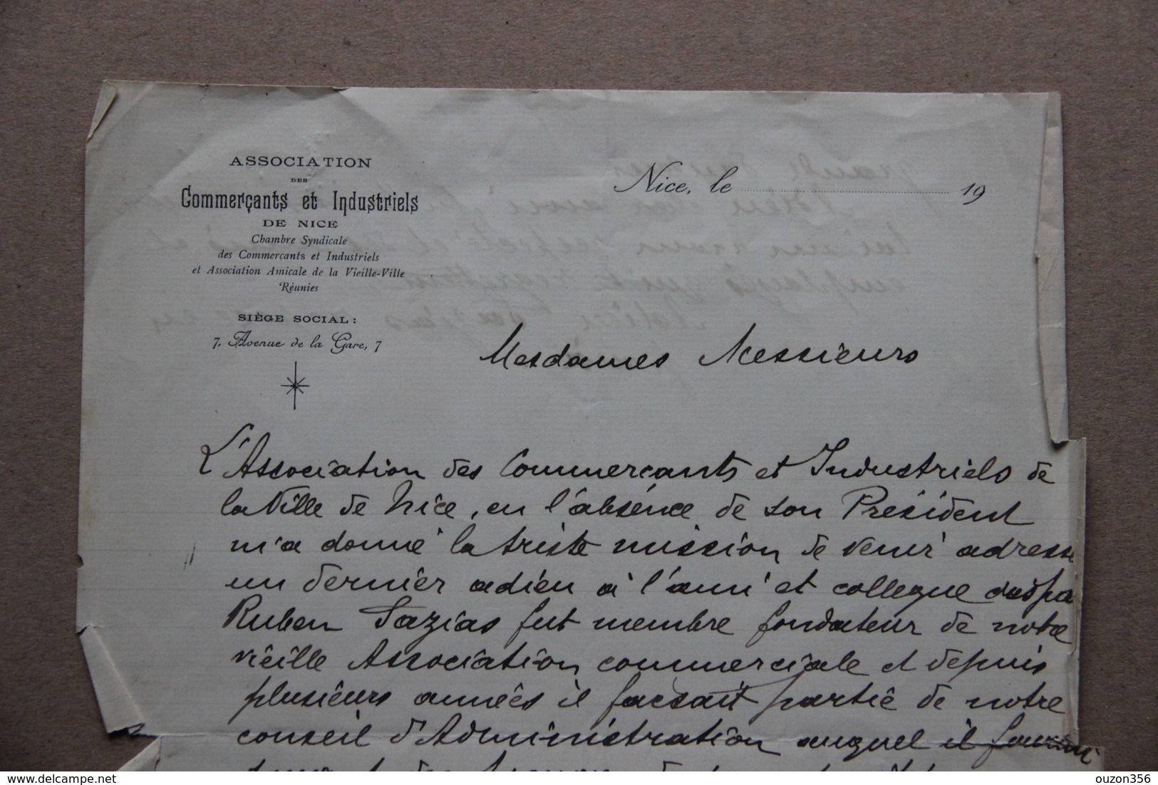 Lettre En-tête Association Des Commerçants Et Industriels De Nice (Alpes-Maritimes), Décès De Ruben Sazias, 1911 - Collections