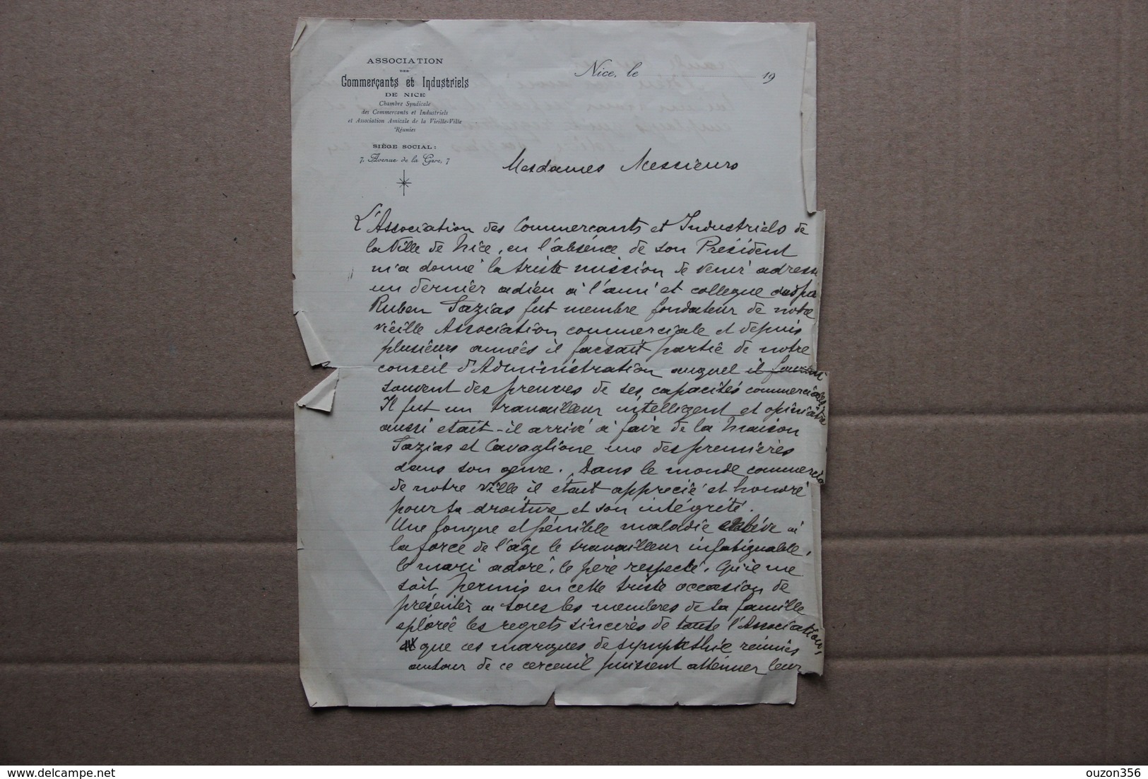 Lettre En-tête Association Des Commerçants Et Industriels De Nice (Alpes-Maritimes), Décès De Ruben Sazias, 1911 - Collections