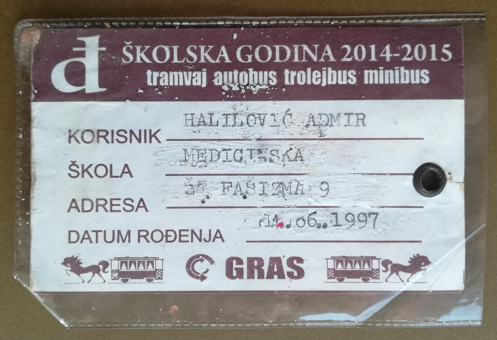 BOSNIA AND HERZEGOVINA Female Annual Public Transport Ticket For High School Disciple FAKE CACHET ON ORIGINAL CARD - Europe