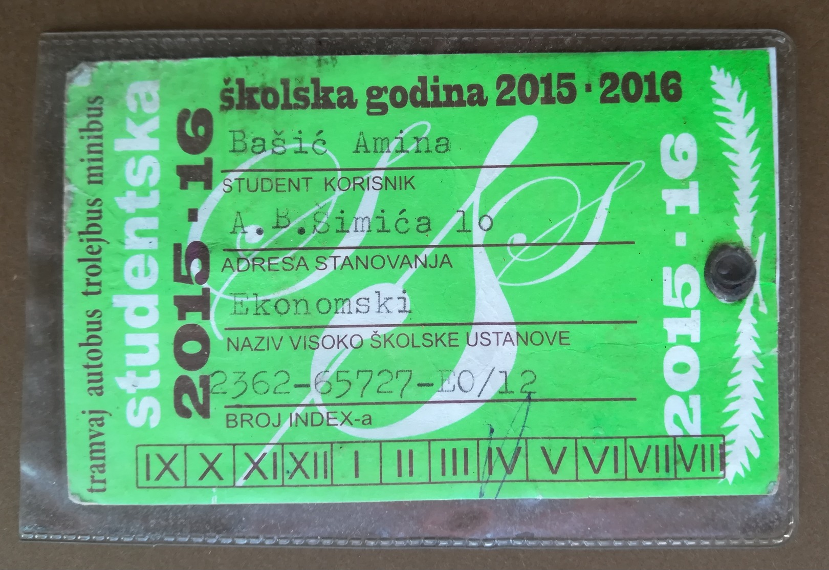 BOSNIA AND HERZEGOVINA Female Annual Public Transport Ticket For University Student - Europa